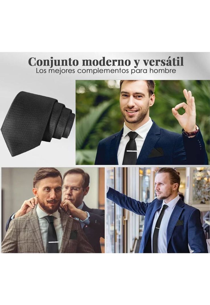Set corbata, pañuelo seda, gemelos, clip, negro-4