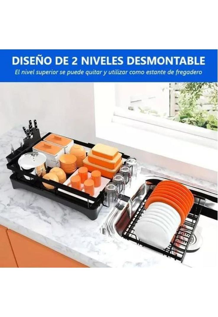 Escurridor de Platos - 2 Niveles, Secador Desmontable, Inoxidable-4