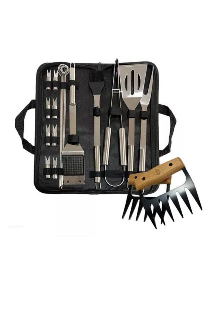 Pack Set Asado Parrilla 20 Uds + 2 Garras De Oso Inox-0