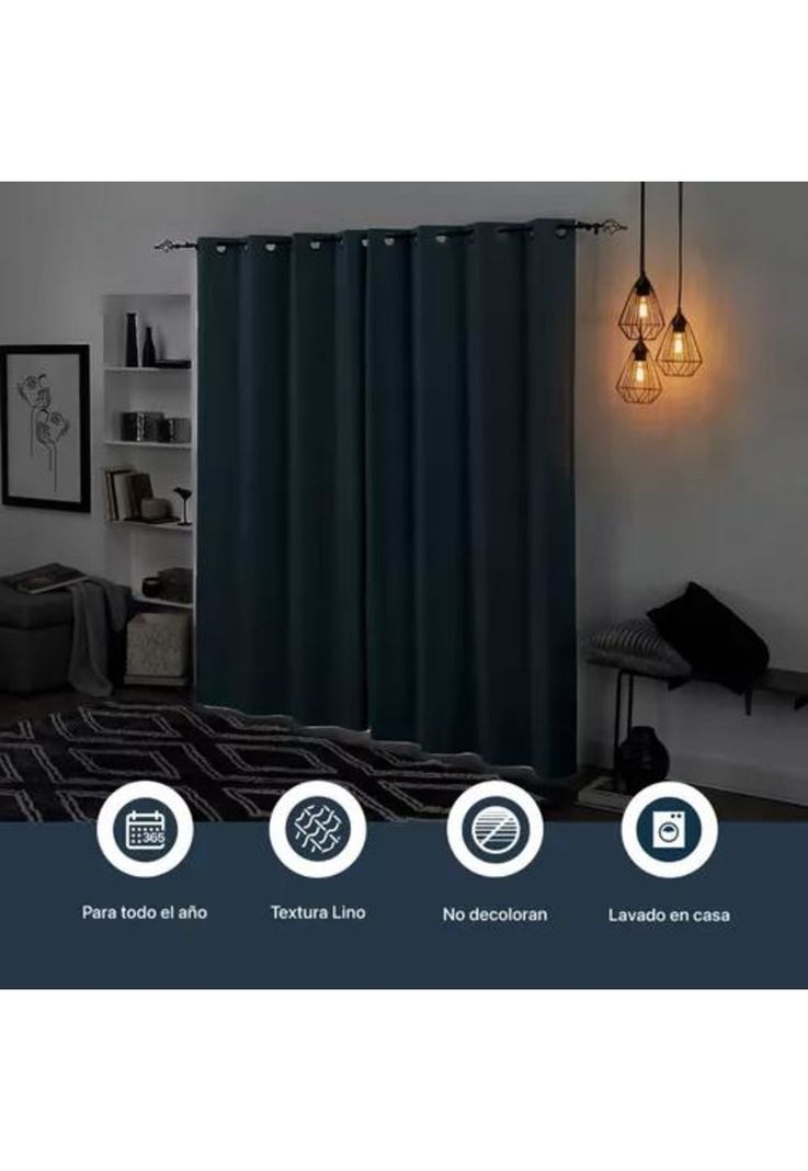 Cortina Blackout 100% 2 Paños 138x226 cm Textura Lino Azul Oscuro-2