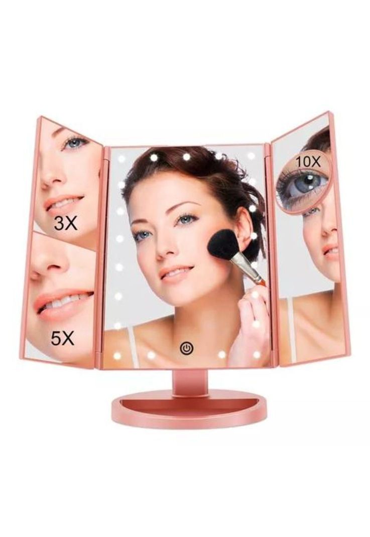 Espejo Maquillaje 22 Luces LED Aumento X1, X2, X3, X10 Giratorio Rosa-0