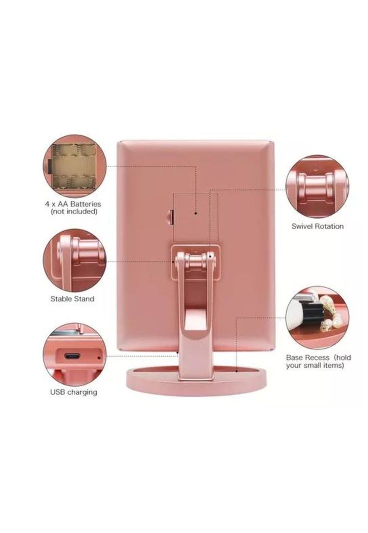 Espejo Maquillaje 22 Luces LED Aumento X1, X2, X3, X10 Giratorio Rosa-2
