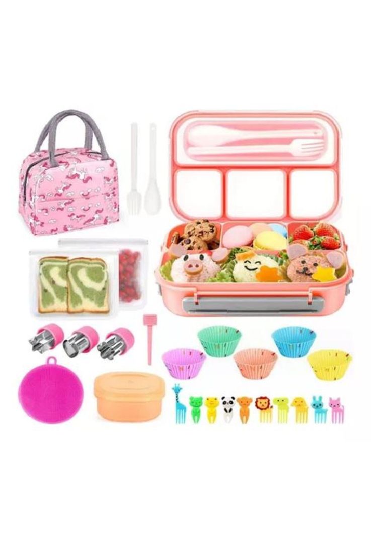 Bolso Lonchera Térmica y Fiambrera Set para Niños y Adultos - Color Rosado-0