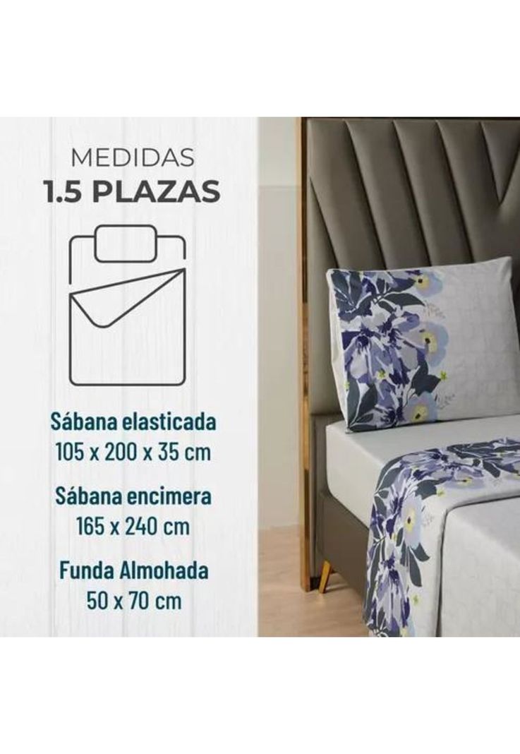 Juego Sábanas Estampadas Ultra Suave + Funda Almohada Sup King Flores Gris-2