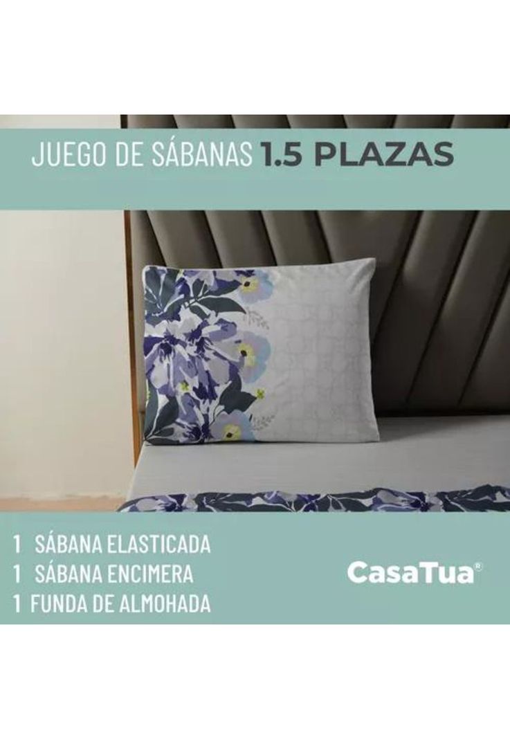 Juego Sábanas Estampadas Ultra Suave + Funda Almohada Sup King Flores Gris-4