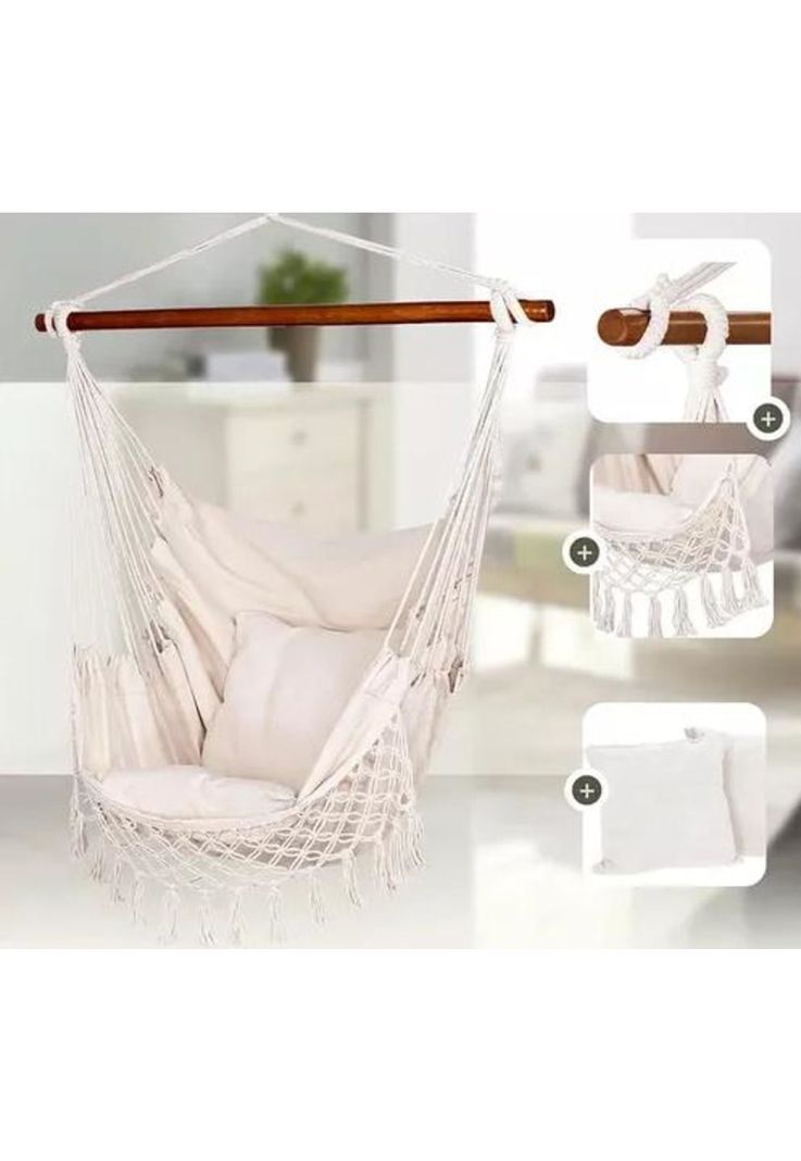 Silla hamaca colgante con soporte de madera y cojines blancos-4