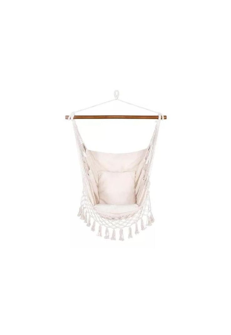 Silla hamaca colgante con soporte de madera y cojines blancos-0
