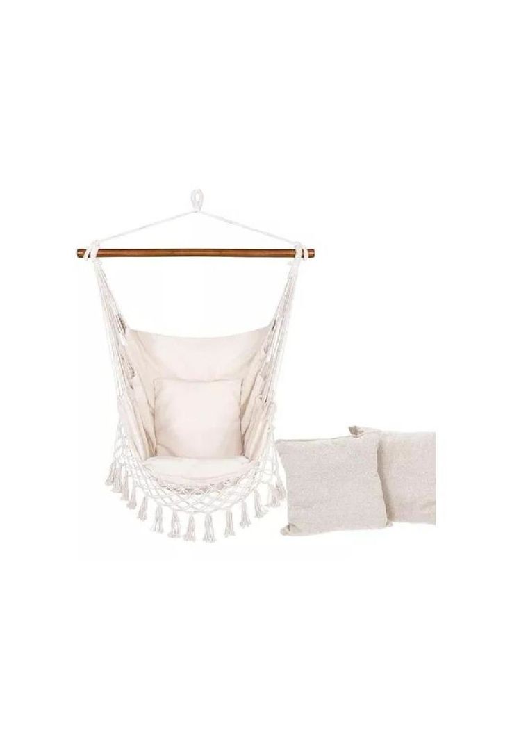 Silla hamaca colgante con soporte de madera y cojines blancos-1