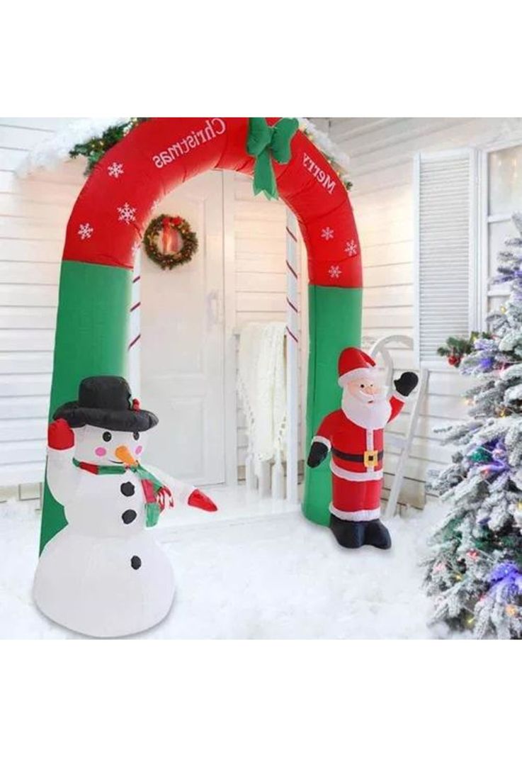Arco inflable de Navidad con luces LED, Santa y muñeco de nieve rojo-2