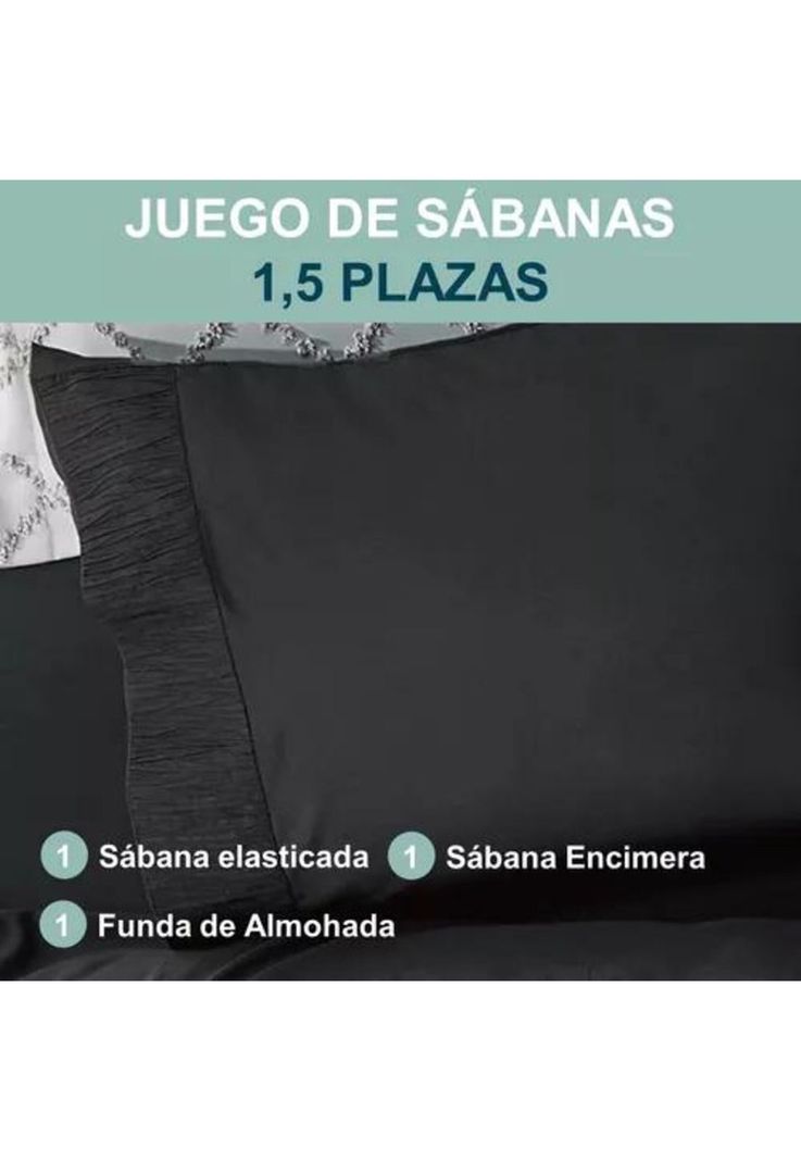 Sábanas 300 Hilos - 1.5 Plazas + Funda Almohada Color Negro-3