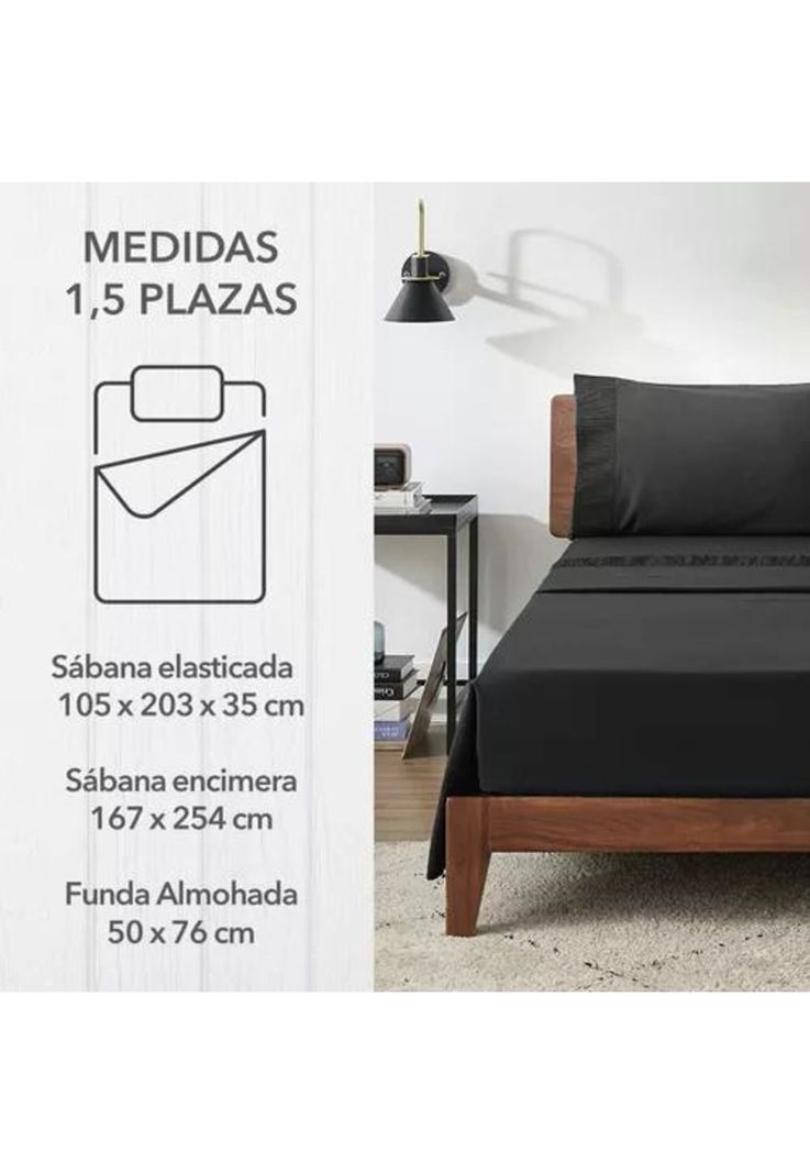 Sábanas 300 Hilos - 1.5 Plazas + Funda Almohada Color Negro-4