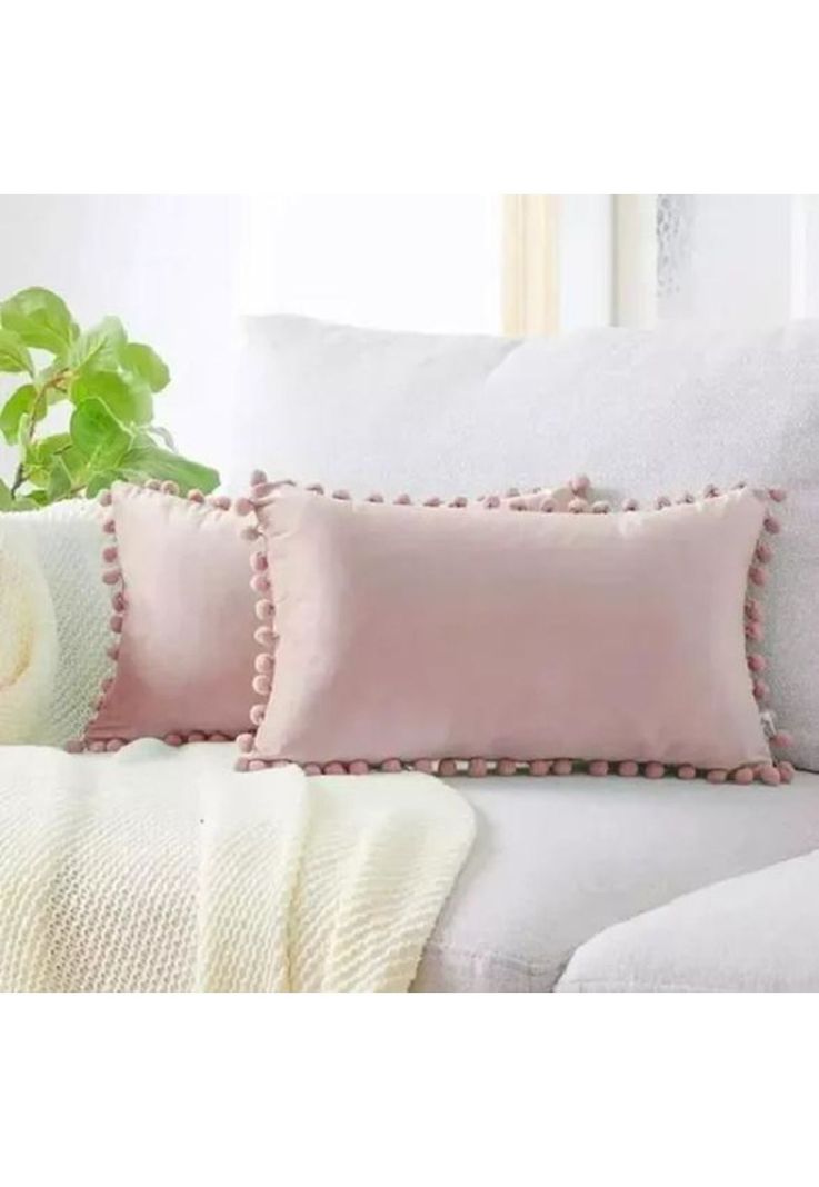 Pack de 2 Fundas de Cojín Terciopelo con Pompones 30x50 cm Rosa-1
