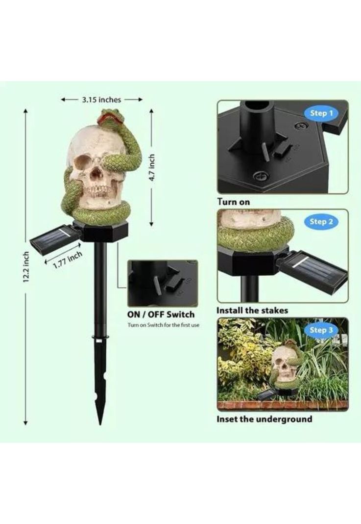 Estaca solar de Halloween, calavera con serpiente, luz de jardín-2
