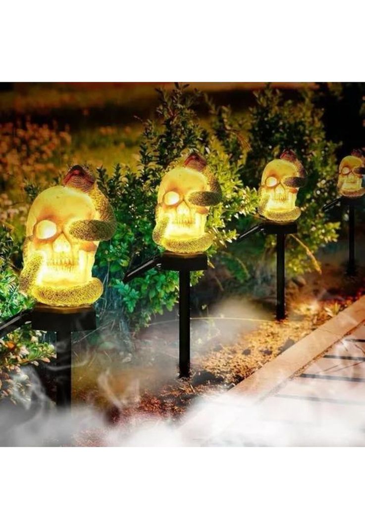 Estaca solar de Halloween, calavera con serpiente, luz de jardín-3