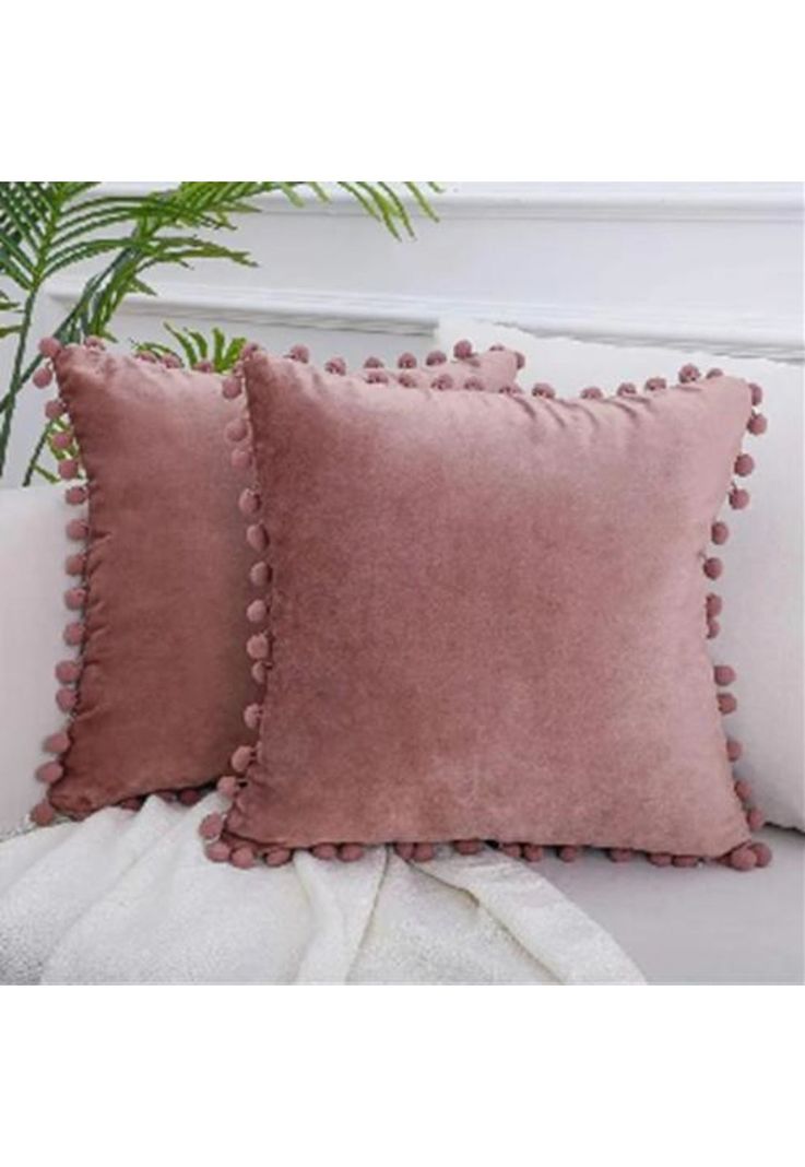 Pack de 2 Fundas de Cojines Terciopelo con Pompones 45x45 cm Rosada-1