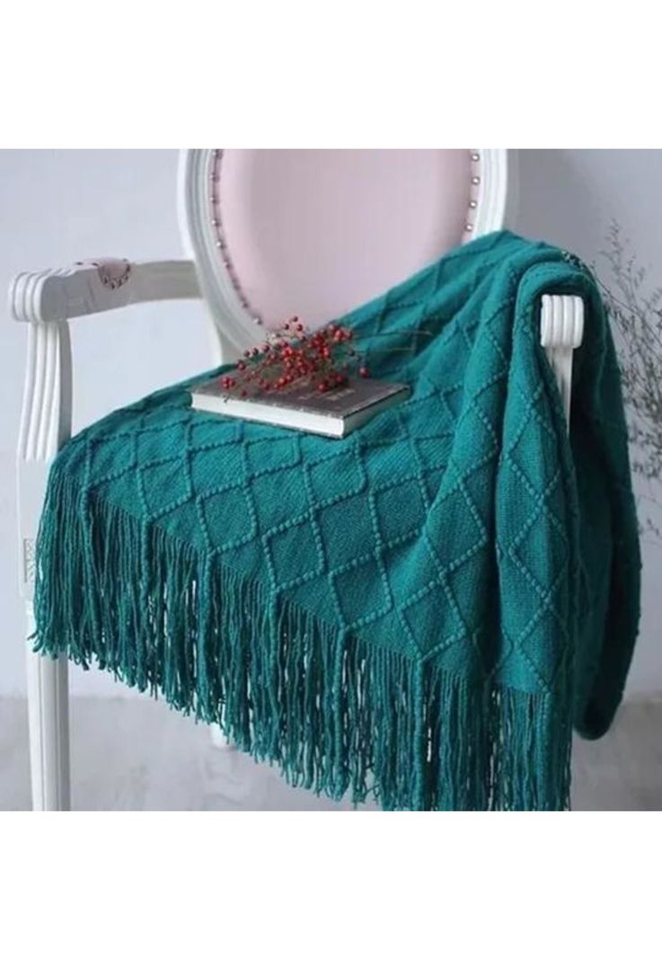 Manta decorativa tejida para sillón, piecera o cama color verde oscuro-1