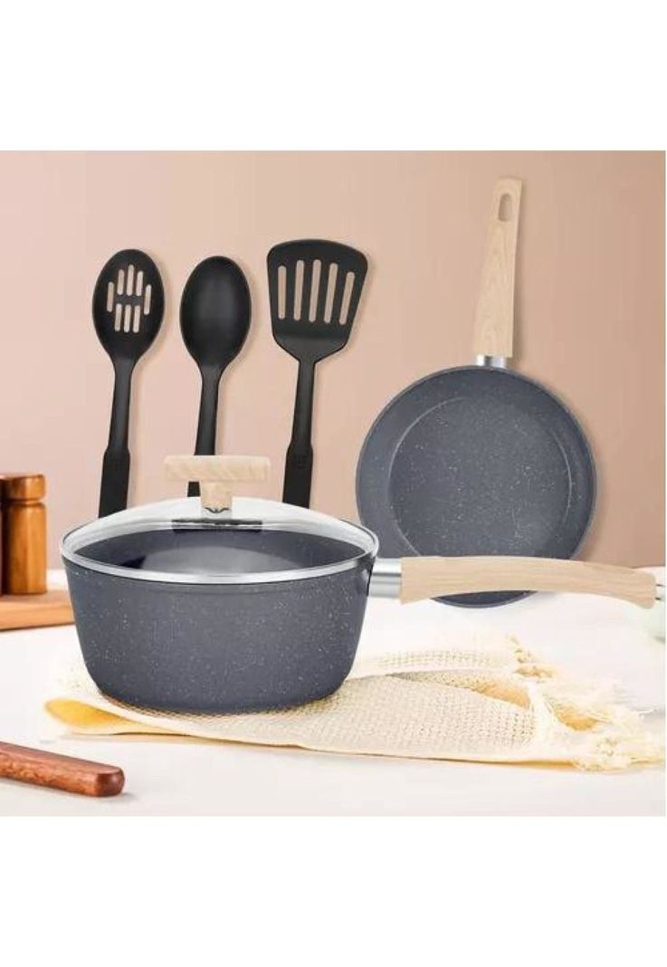 Batería de Cocina - 10 Piezas, Antiadherente, Granito, Color Negro-5