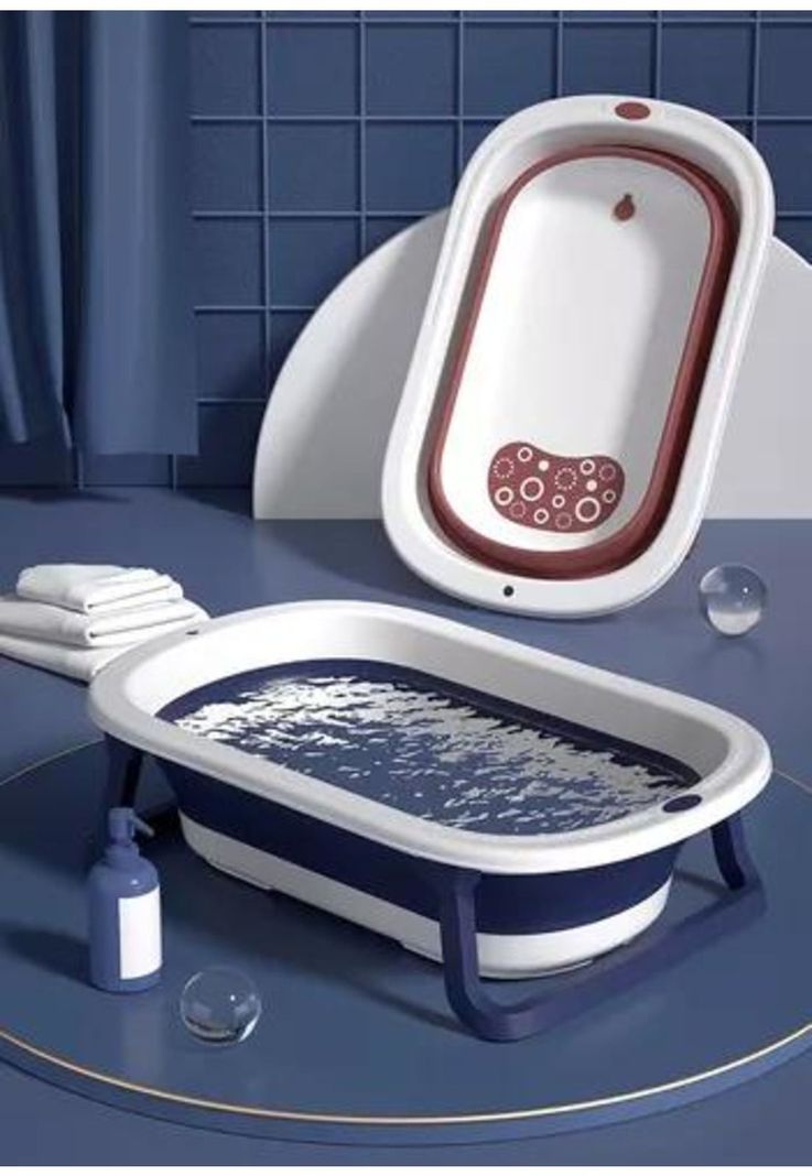 Tina bebé bañera plegable con malla, color celeste-4