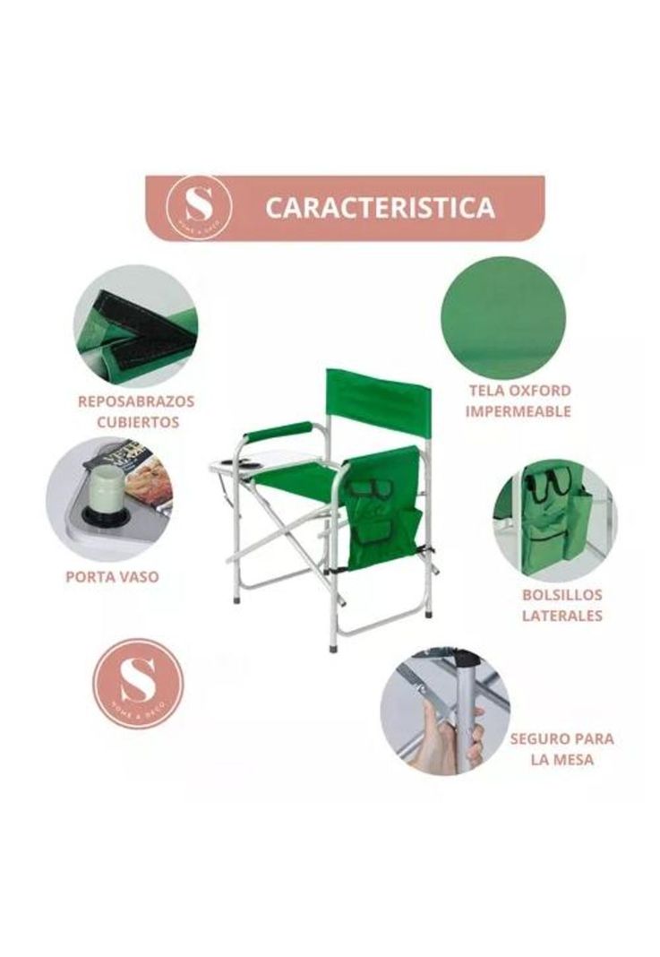 Silla plegable de camping con mesita verde-5
