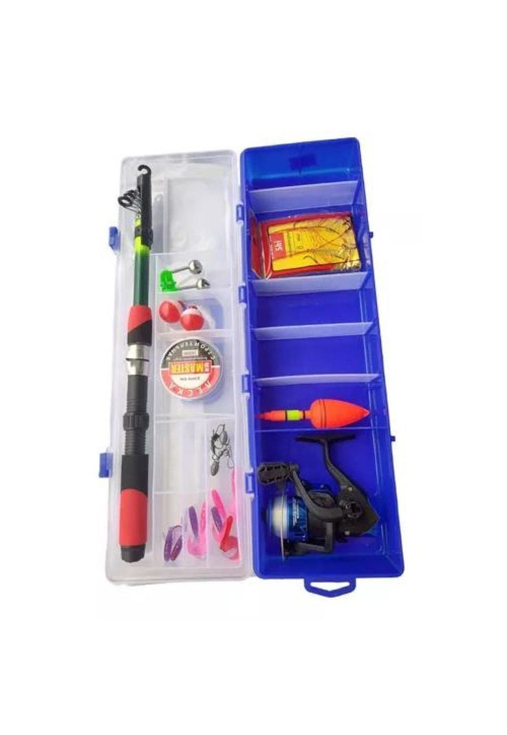 Set de pesca con caña telescópica, carrete y accesorios azul-0