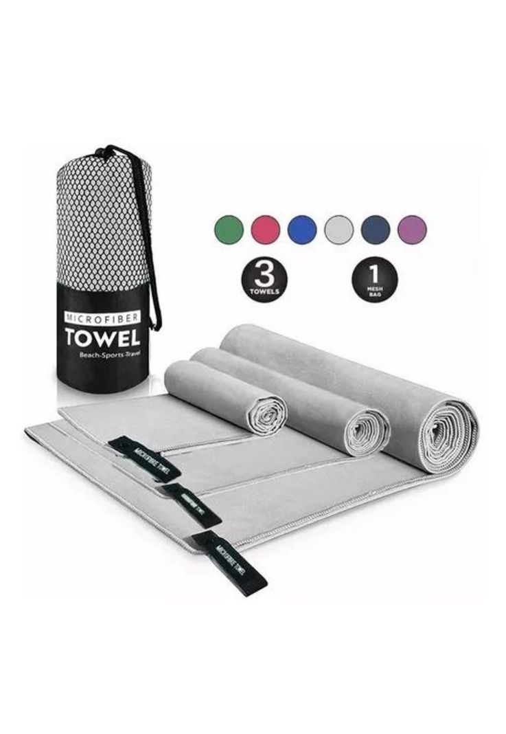 Toalla de baño de viaje de microfibra, secado rápido, 3 piezas, gris-1