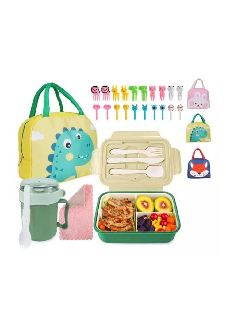 Bolso Lonchera Térmica Escolar Set 28 Pzs para Niños - Portátil - Color Verde-0