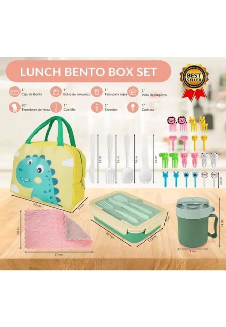 Bolso Lonchera Térmica Escolar Set 28 Pzs para Niños - Portátil - Color Verde-2