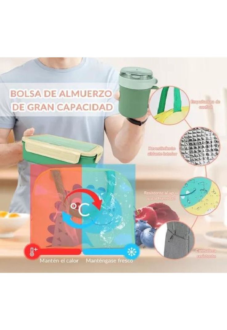Bolso Lonchera Térmica Escolar Set 28 Pzs para Niños - Portátil - Color Verde-4