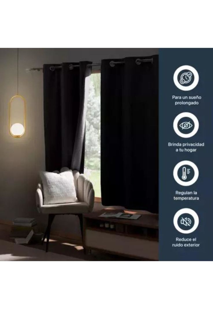 Cortina Blackout 100% 2 Paños 138x226 cm Textura Lino Negro-2