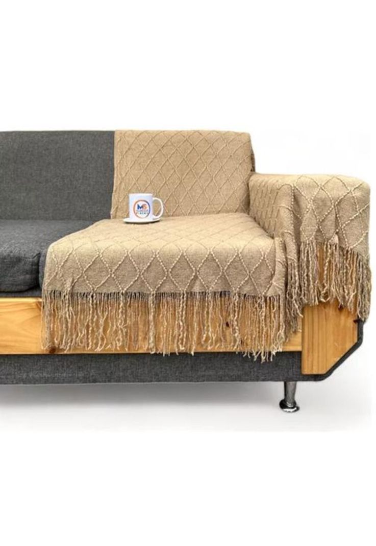 Manta decorativa tejida para sillón, piecera o cama color beige-1