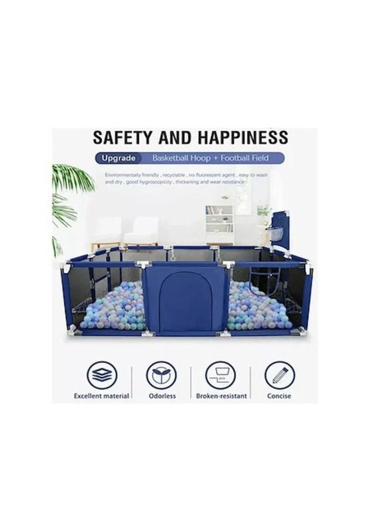 Corral de seguridad para bebés con aro de basket, 180cm, azul-1