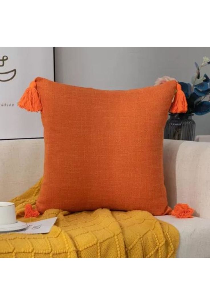 Pack de 2 Fundas para Cojín de Lino con Pompones 45x45 cm Naranja-1