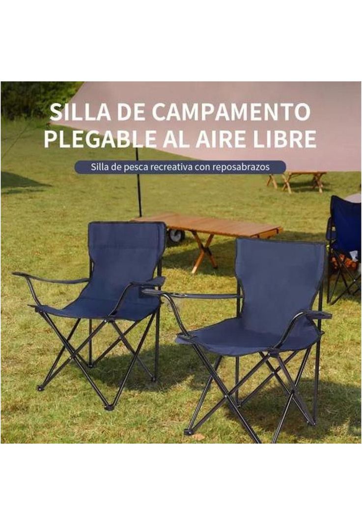 Silla plegable de playa camping con bolso de porta vasos azul-2