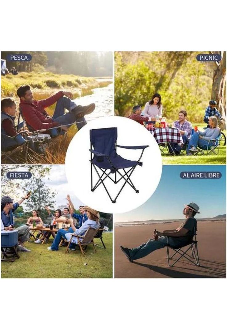Silla plegable de playa camping con bolso de porta vasos azul-3