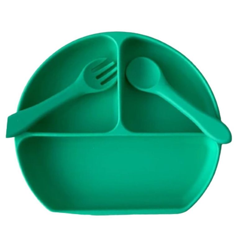 Plato de silicona cuchara y tenedor verde-0
