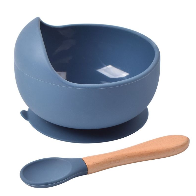 Plato de silicona y cuchara azul para bebé-0