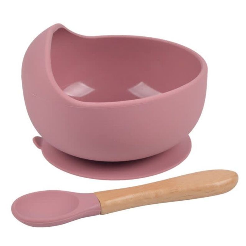 Plato de silicona y cuchara para bebé rosado-0