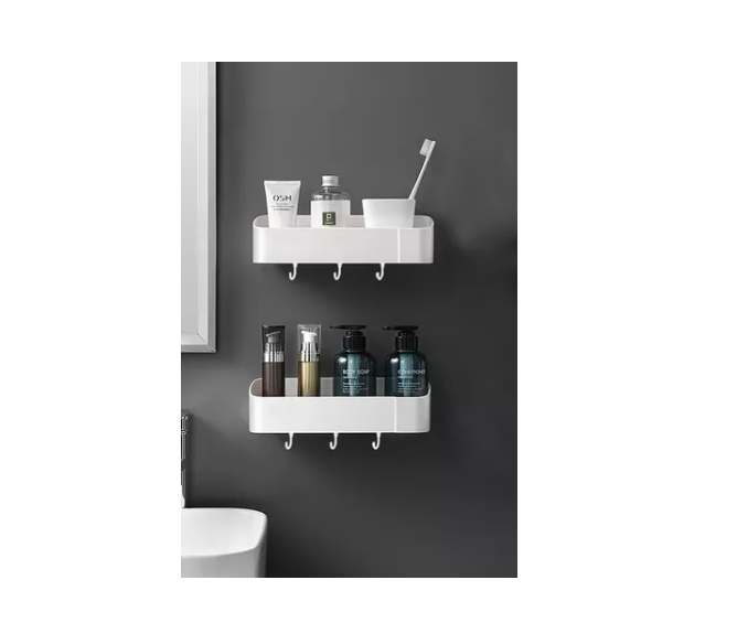 Estante Organizador Ducha Baño Cocina Plástico Adhesivo Con Perchas-3