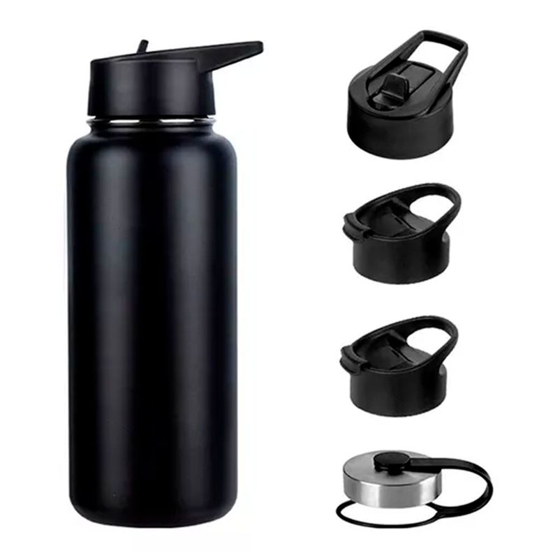 Termo Botella Agua Termica Acero Inoxidable + 4 Tapas 1000ml-0