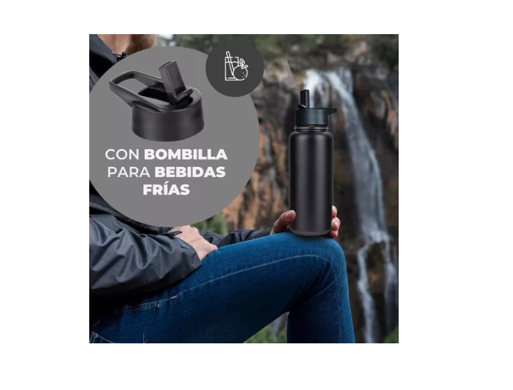 Termo Botella Agua Termica Acero Inoxidable + 4 Tapas 1000ml-3