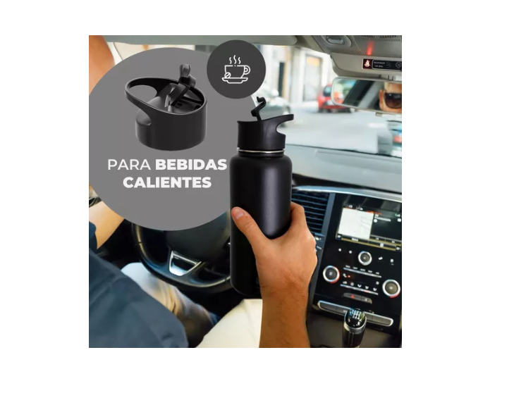 Termo Botella Agua Termica Acero Inoxidable + 4 Tapas 1000ml-4