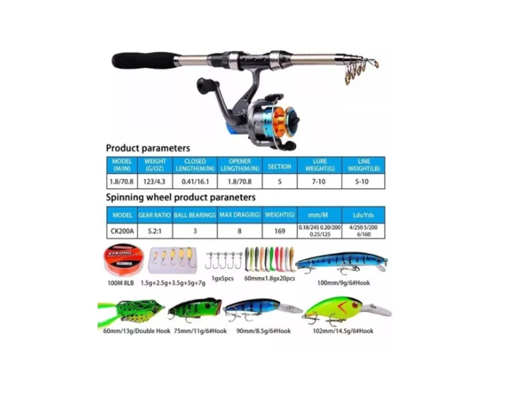Kit Pesca 1.8m Caña Carrete Señuelo Accesorio Bolsa Completo-5