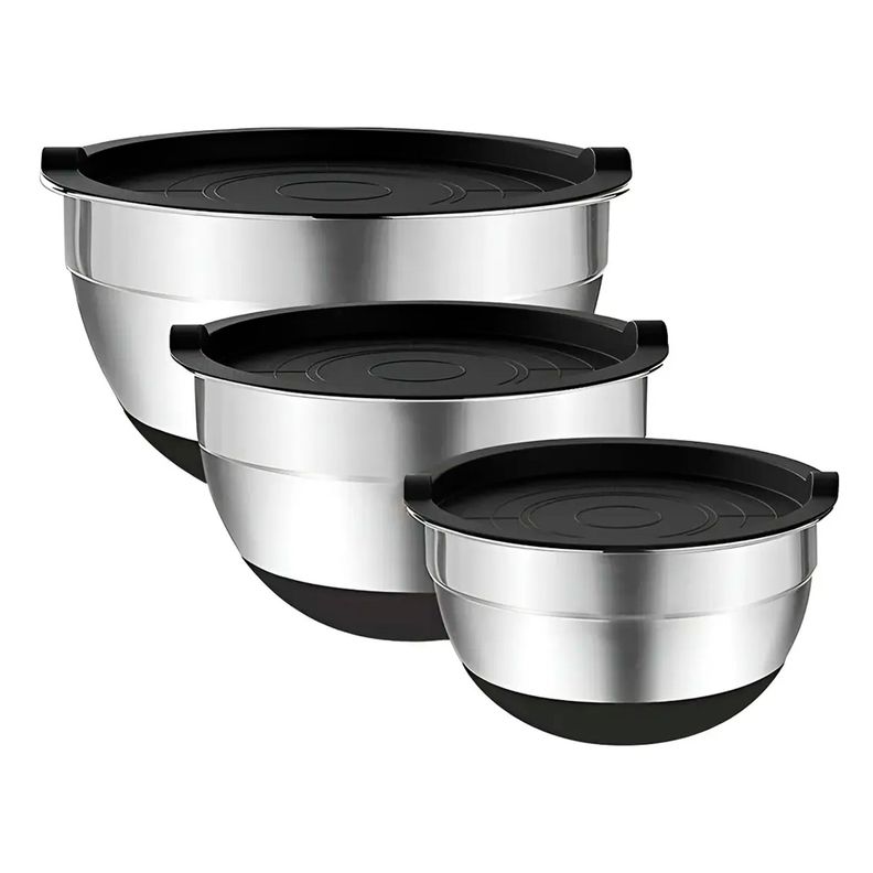 3 Bowls Con Tapa Acero Inoxidable Y Base Antideslizante