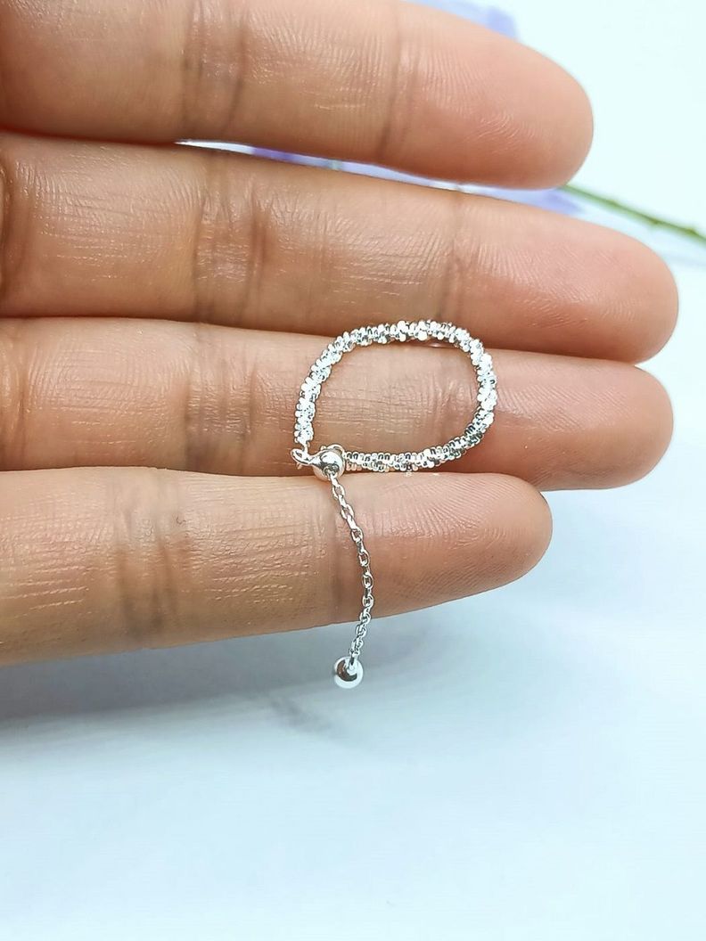 Anillo ajustable en plata fina ley S925 chapado en oro blanco 18kl Cadena brillante-5