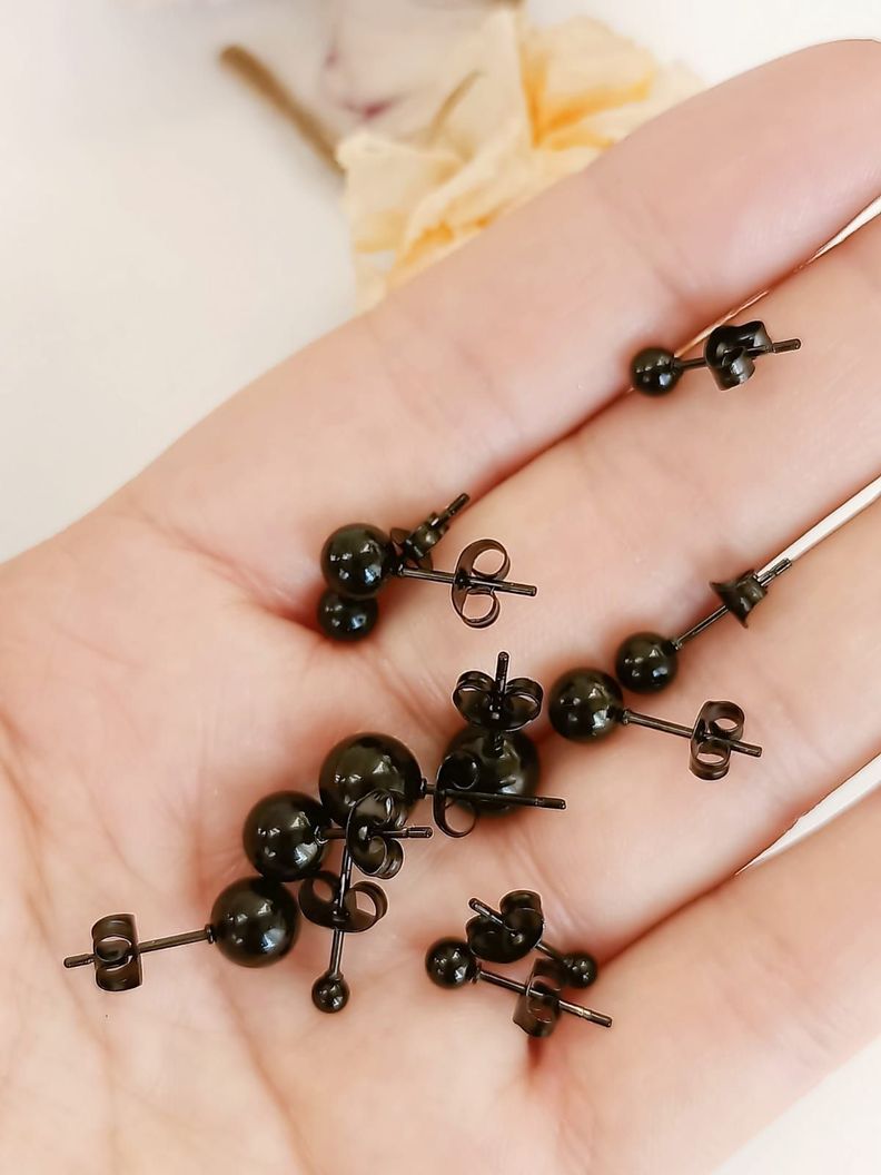 Pack 6 Par De Esferas Negras Hipoalergénica Piercing Oreja-2