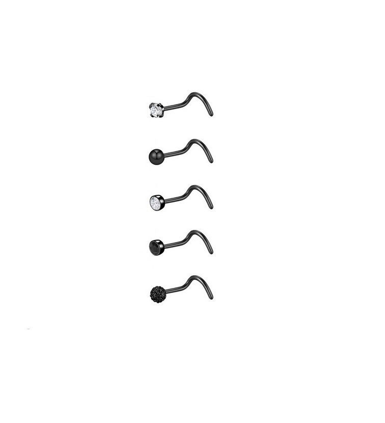 Set 5 Piercing Acero Quirúrgic Tipo S Nariz Zirconia Nostril negro-0