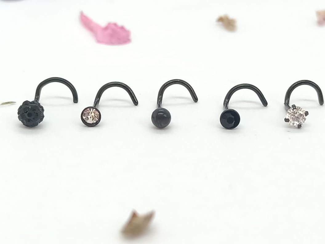 Set 5 Piercing Acero Quirúrgic Tipo S Nariz Zirconia Nostril negro-1