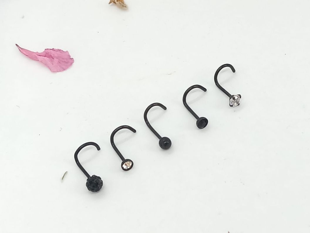 Set 5 Piercing Acero Quirúrgic Tipo S Nariz Zirconia Nostril negro-2