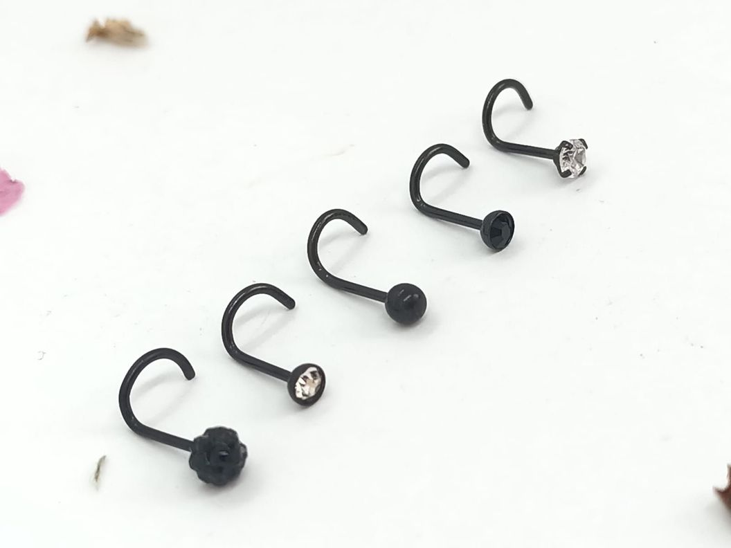 Set 5 Piercing Acero Quirúrgic Tipo S Nariz Zirconia Nostril negro-3
