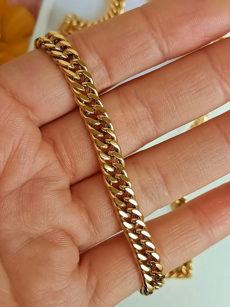 Cadena Eslabones Cubanos 7mm Chapada En Oro 18k Mujer Hombre-5